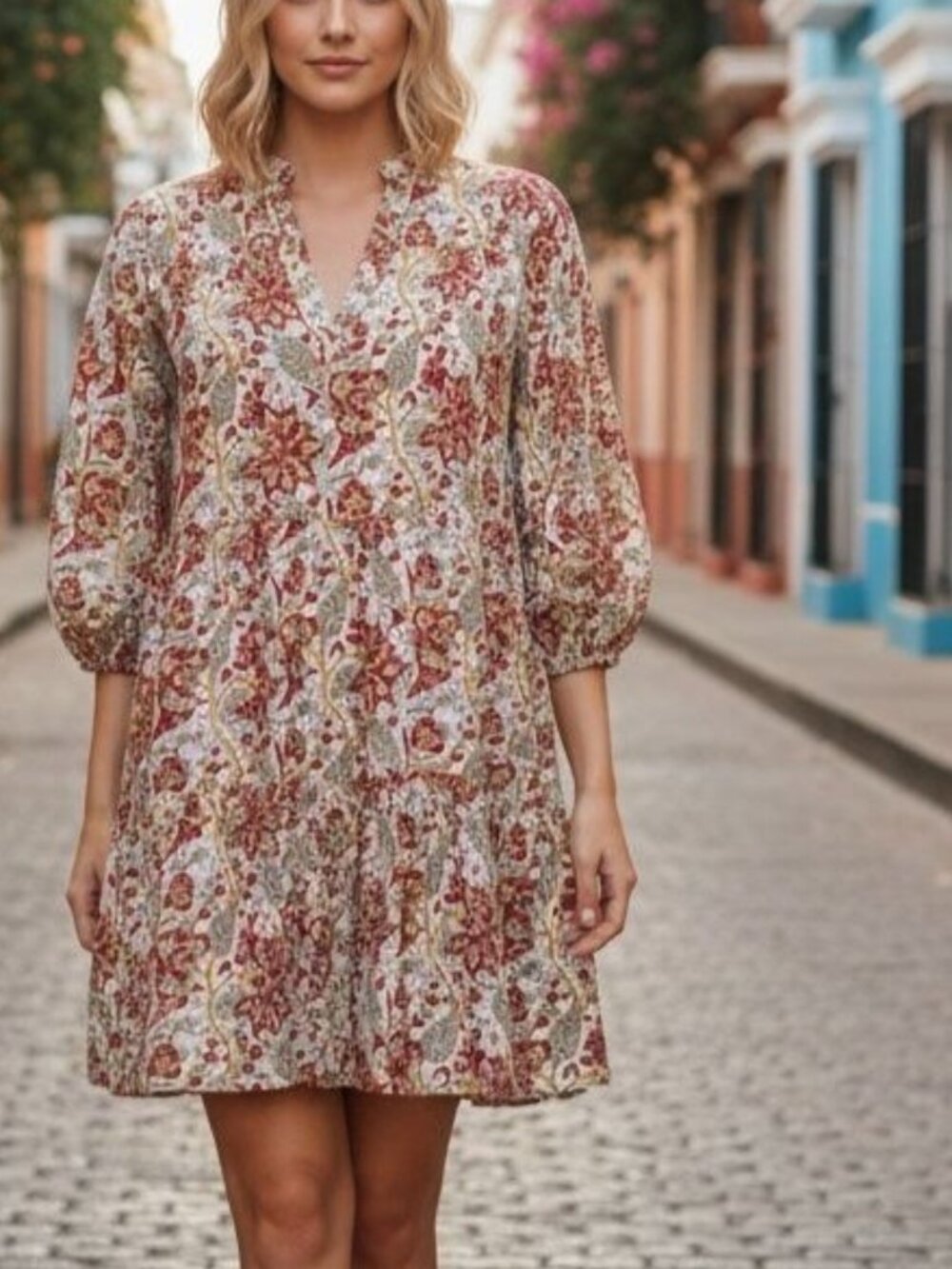 Fitzroy & Willa Floral Block Print Mini Dress Ivory Red Multicolor Floral XS